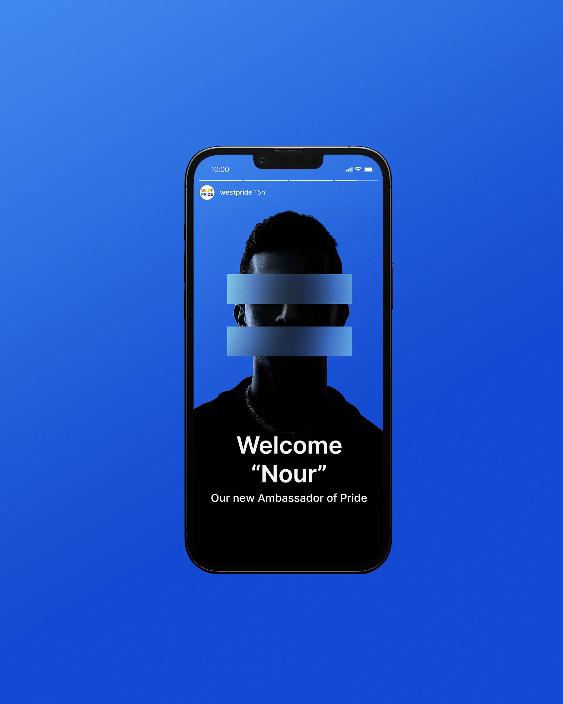 A smartphone displays a social media post with a silhouette of a person, two horizontal bars over their eyes and mouth, and text: Welcome Nour. Our new Ambassador of Pride. Blue gradient background.