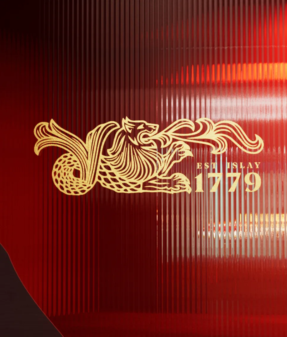A golden, stylized lion breathing fire appears next to the text EST. USLAY 1779 on a textured, deep red background with vertical lines.