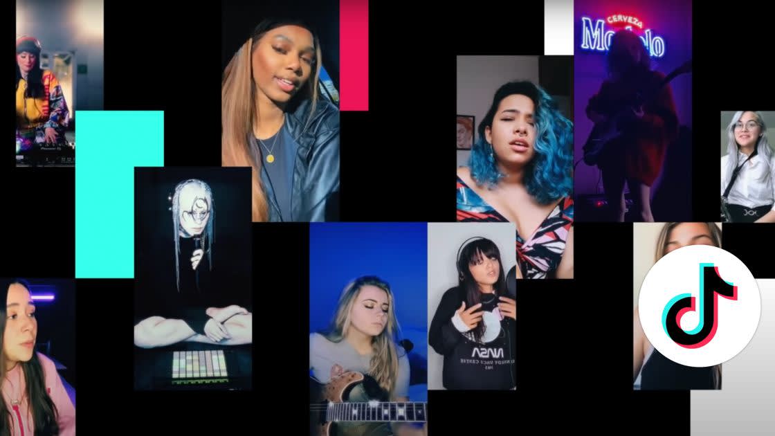 A collage of diverse people performing music or singing, framed in rectangles against a black background, with the TikTok logo in the bottom right corner.
