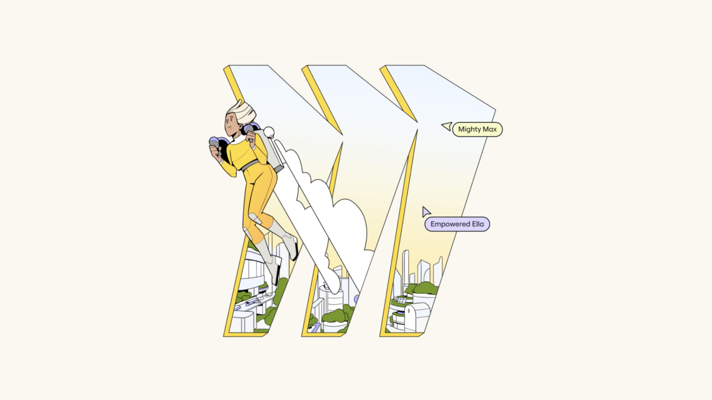 An illustration of a character wearing a jet pack flies out of the Miro logo. Within the logo a city is visible with mouse arrows, one arrow has the text empowered Ella, the other has the text mighty Max.