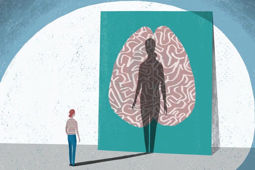 An illustration of a person standing before a large image of lungs, with a brain-like pattern inside them. The persons shadow is cast onto the lungs, blending human form and brain within the lung shape.