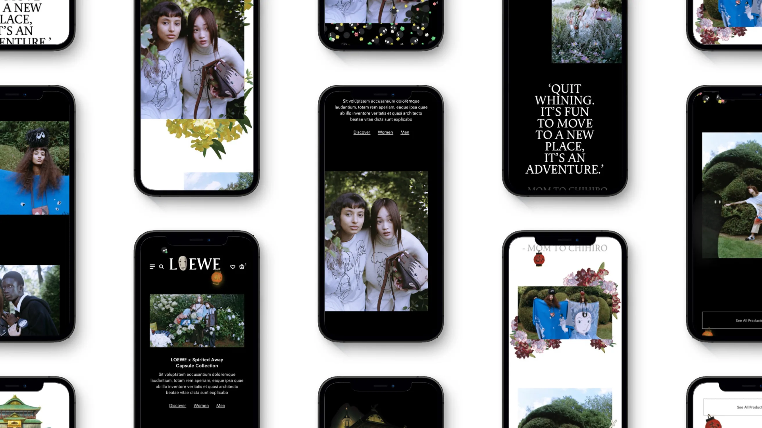 A flat lay of smartphones displaying various images and fashion content, including photos of two women, nature scenes, the LOEWE logo, and a quote about adventure on black backgrounds.