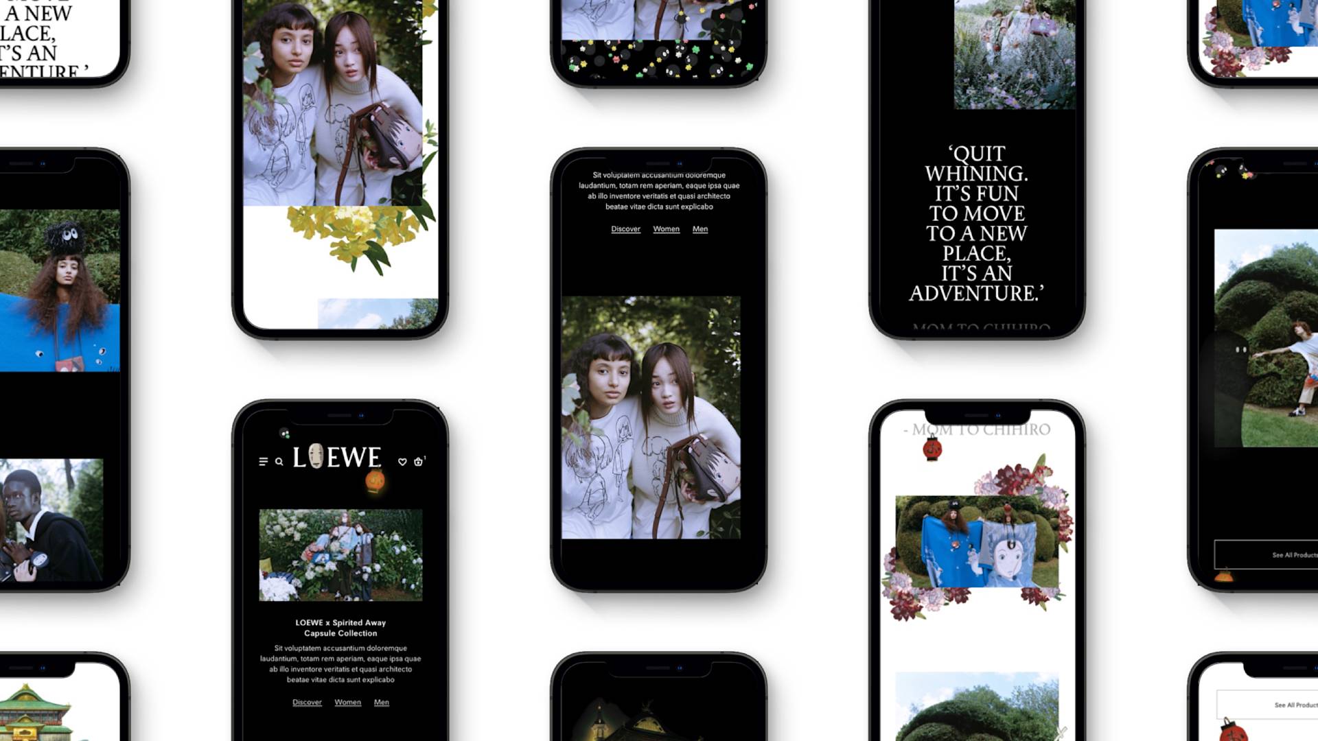 A flat lay of smartphones displaying various images and fashion content, including photos of two women, nature scenes, the LOEWE logo, and a quote about adventure on black backgrounds.