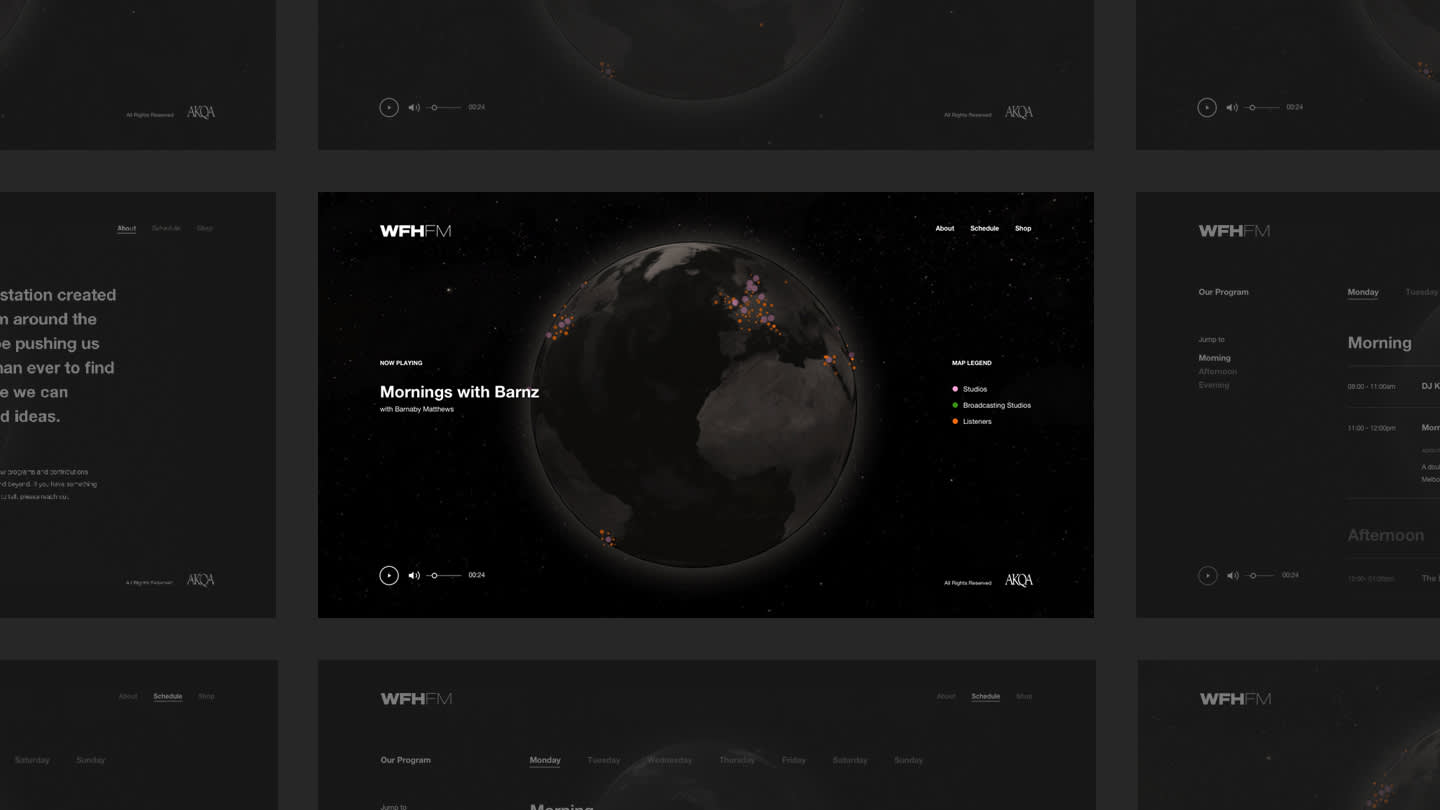 A dark-themed web interface displays a 3D globe with glowing points marking cities. The text reads WFH FM and Mornings with Bame alongside a list of programs. The background is black with a subtle star field.