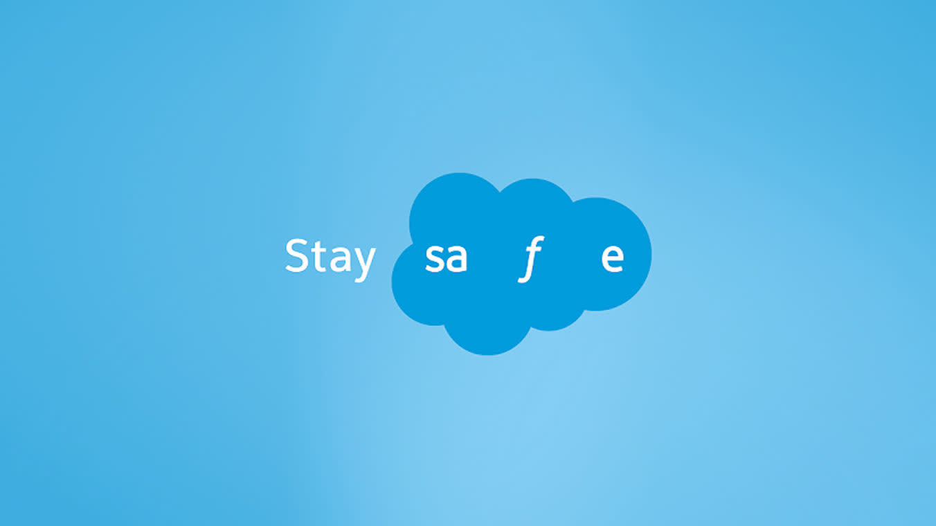 White text on a blue background spells Stay safe, with the sa fe letters inside a cloud shape, mimicking the Salesforce logo style.
