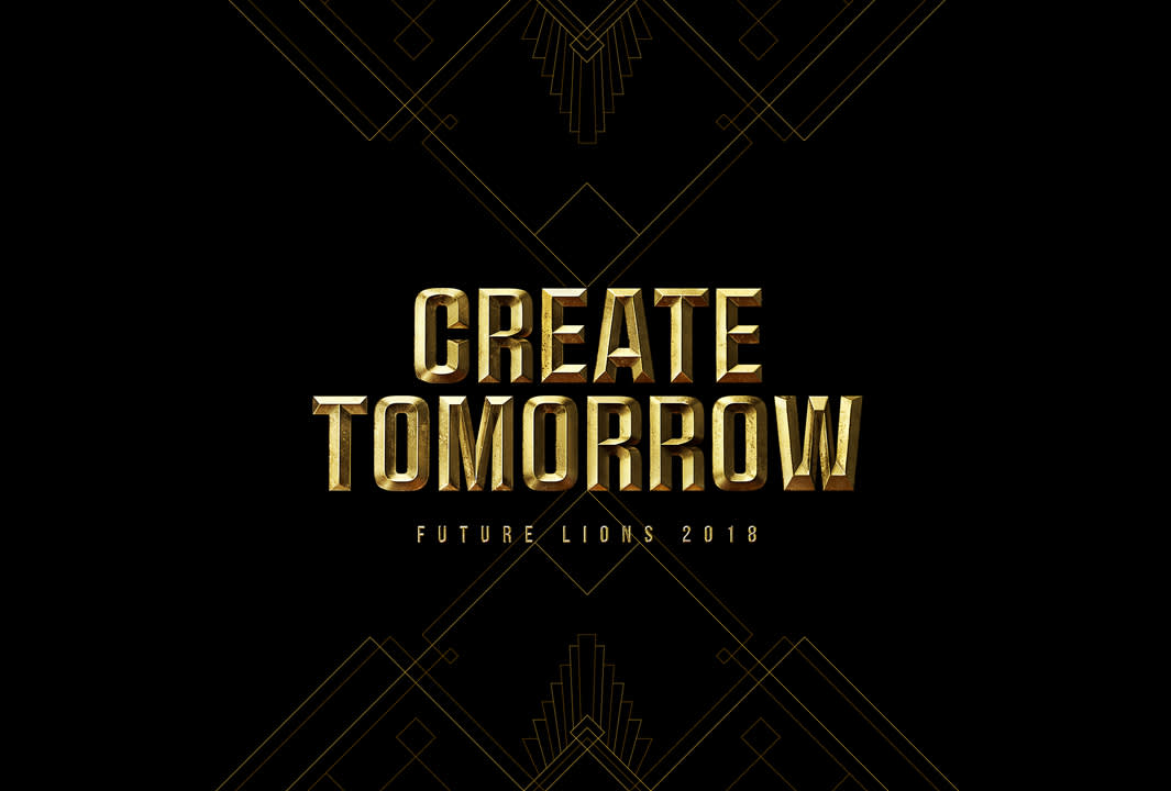 Gold text on a black background reads CREATE TOMORROW with FUTURE LIONS 2018 in smaller letters below. Art Deco-style gold geometric lines decorate the corners.