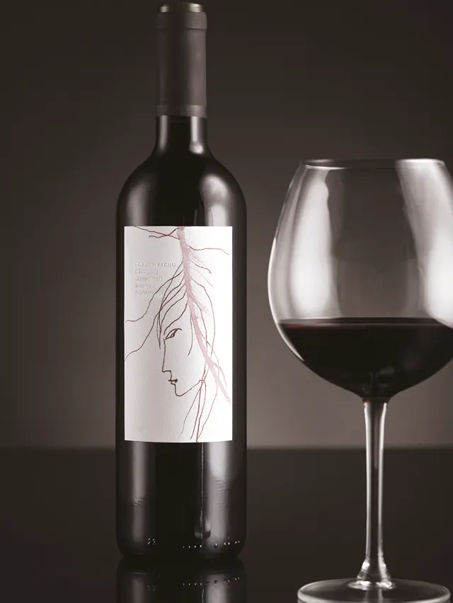 A bottle of red wine with a minimalist line drawing of a womans face on the label stands next to a large glass partially filled with red wine, both set against a dark, reflective background.