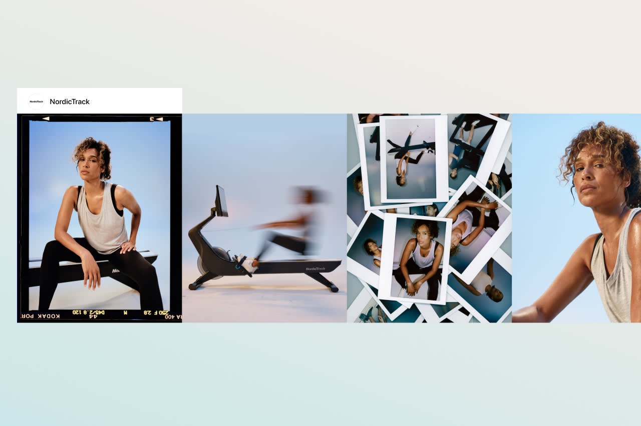 A collage featuring a woman in workout clothes, a blurred image of her using a rowing machine, a stack of Polaroid-style workout photos, and close-ups of her athletic pose, all set against a soft gradient background.