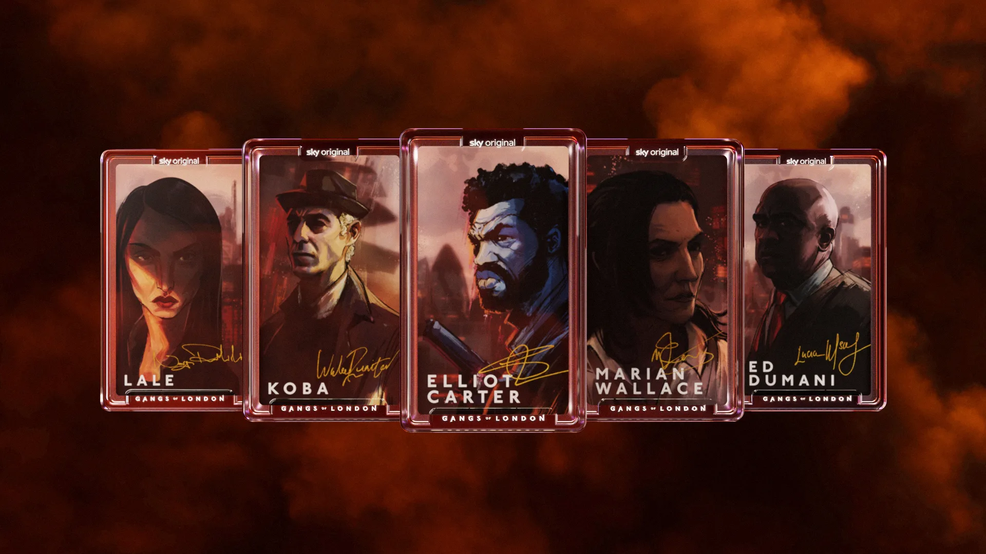 Five illustrated character cards from Gangs of London are displayed against a smoky, reddish background. Each card features a portrait, the character’s name, and a golden signature.