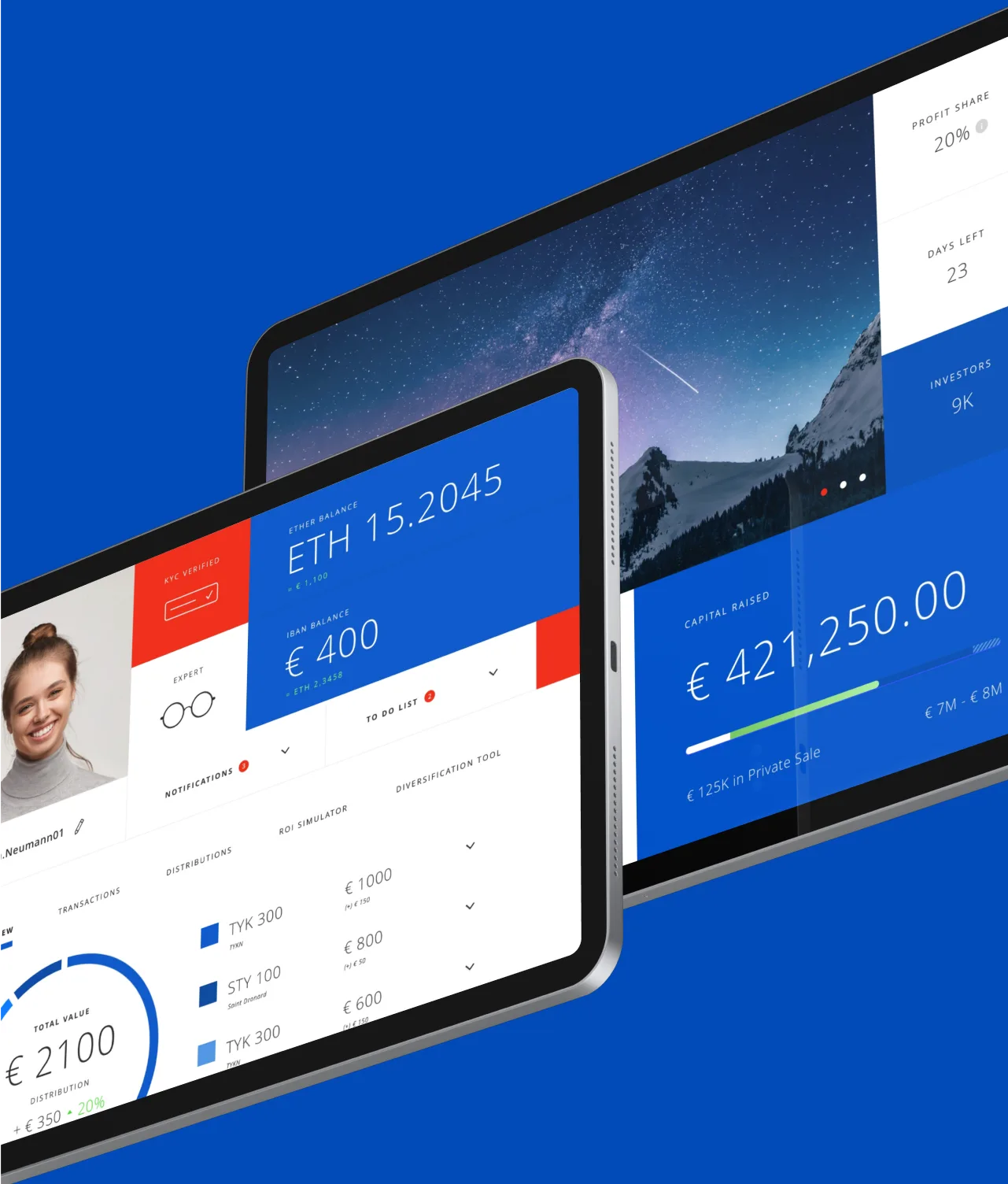 Two tablet screens display modern, blue-themed financial dashboards with investment data, including amounts, charts, and a profile image of a smiling woman. One screen shows mountains, the other shows cryptocurrency information.