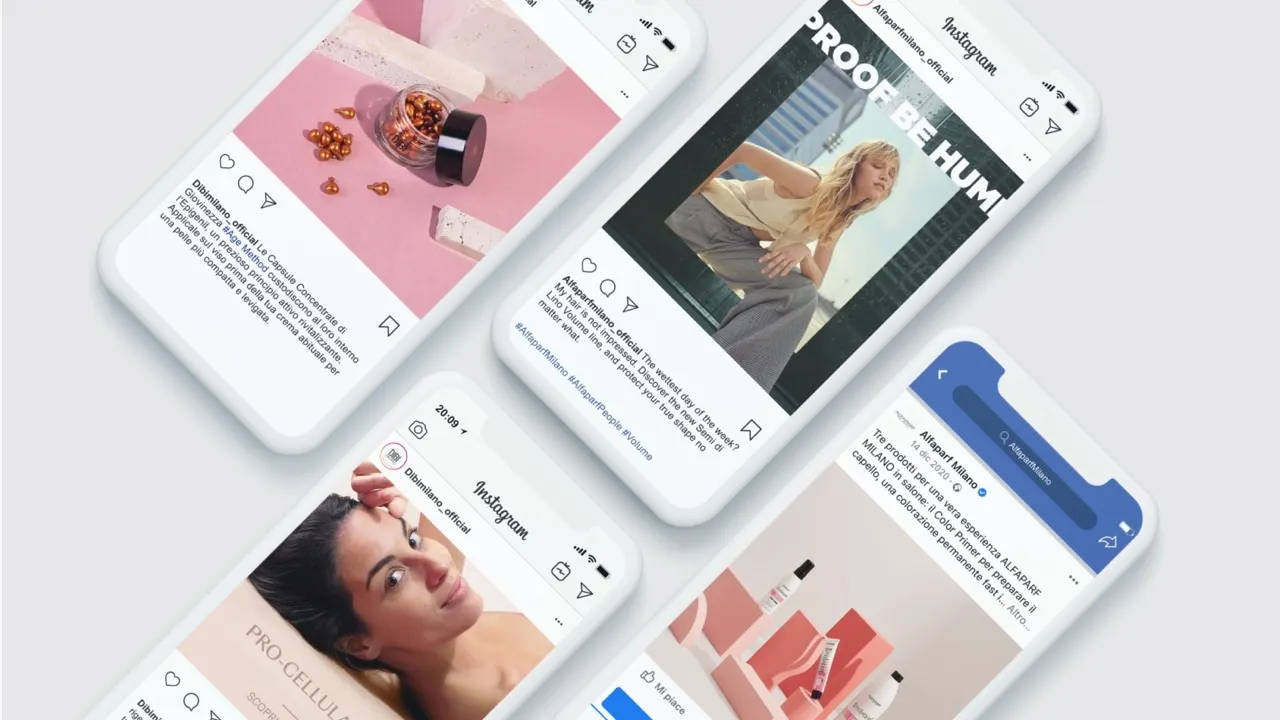 Four smartphones display different Instagram posts featuring wellness and beauty products, including supplements, skincare, and a woman posing in casual clothing. The background is a neutral light color.