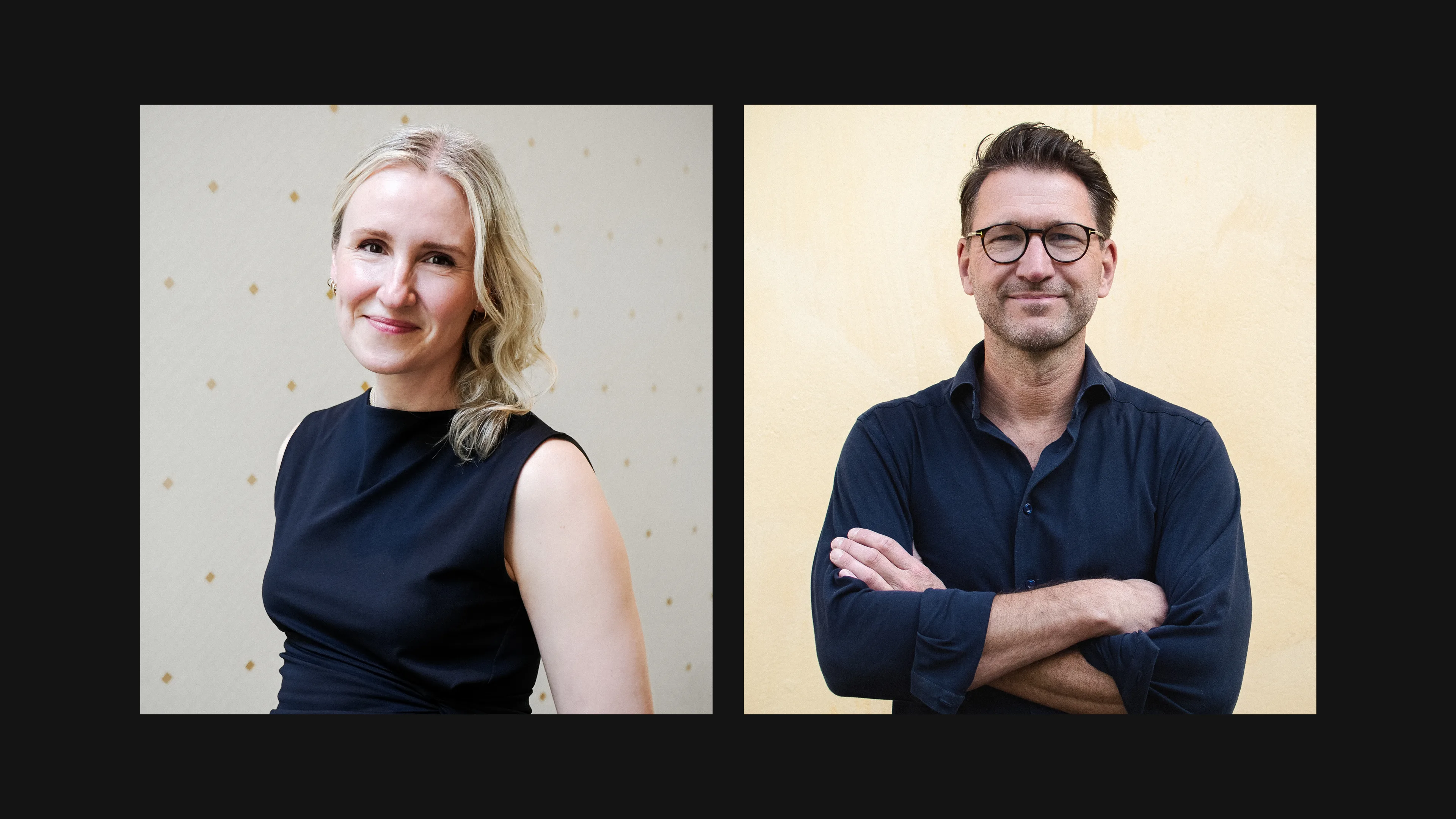 Side-by-side portraits of a smiling woman and a man against light backgrounds. The woman has blonde hair and wears a sleeveless black top. The man has glasses, short hair, and wears a dark shirt with arms crossed.