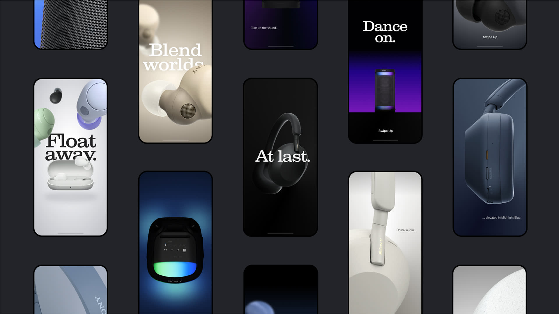 A collage of smartphone screens displaying minimalist images of futuristic tech products like headphones, speakers, and VR headsets, each with bold slogans such as “Float away,” “Blend worlds,” and “At last.”.
