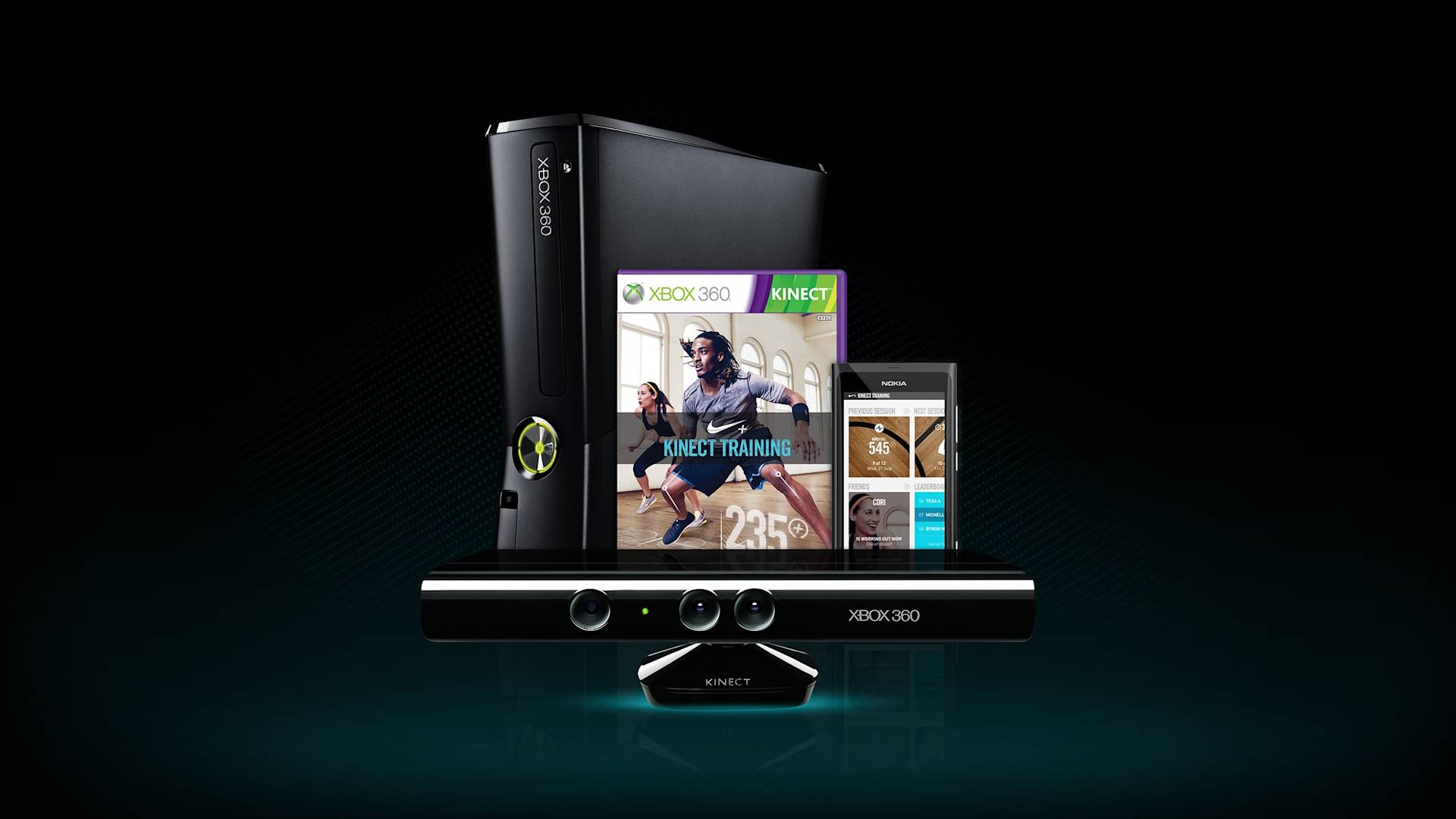 An Xbox 360 console, Kinect sensor, Kinect Training game case, and a smartphone displaying fitness data, all against a black gradient background.