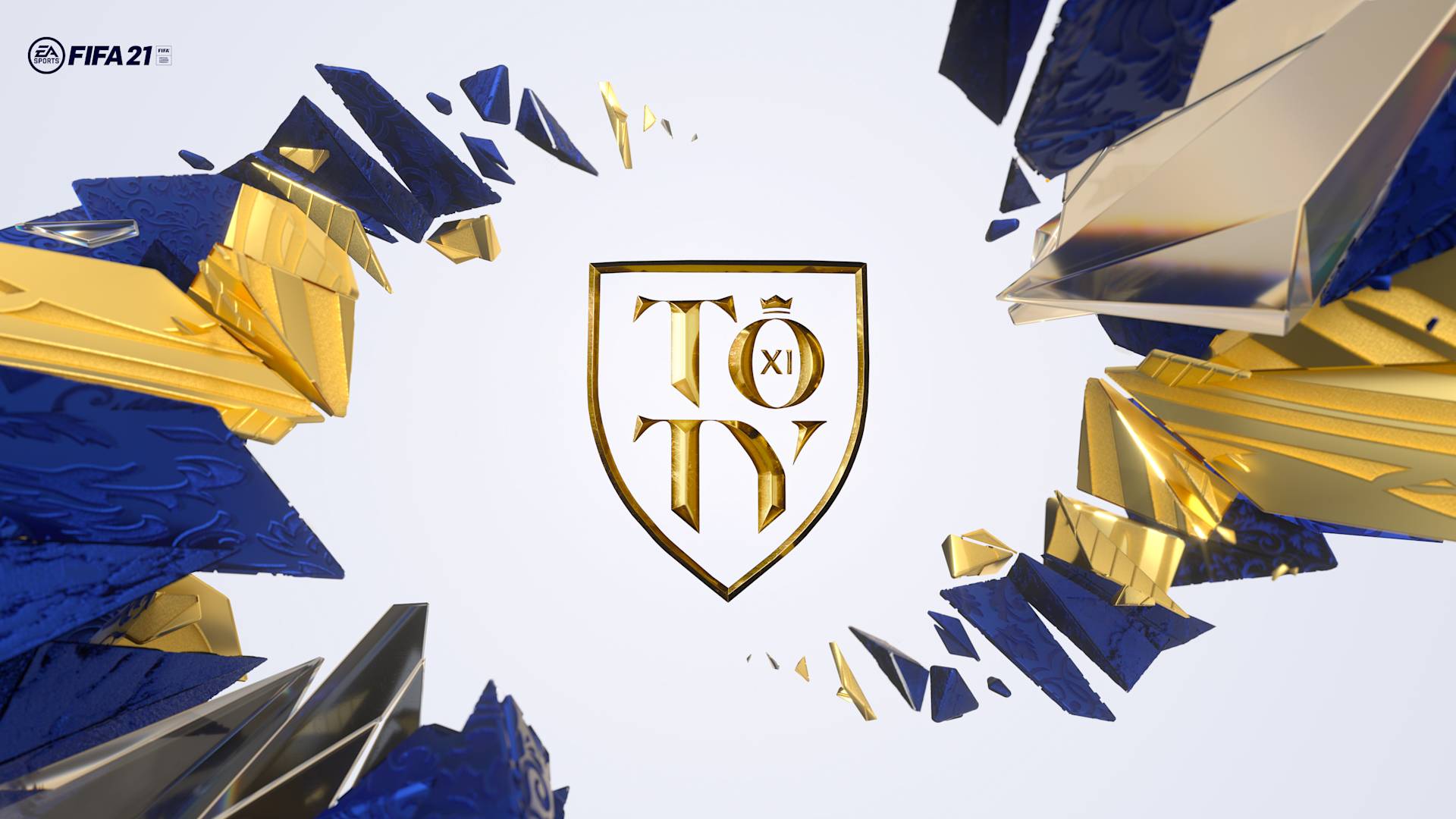 Gold and blue shards surround a central gold shield with the letters TOTY XI on it. The FIFA 21 logo appears in the top left corner on a white background.