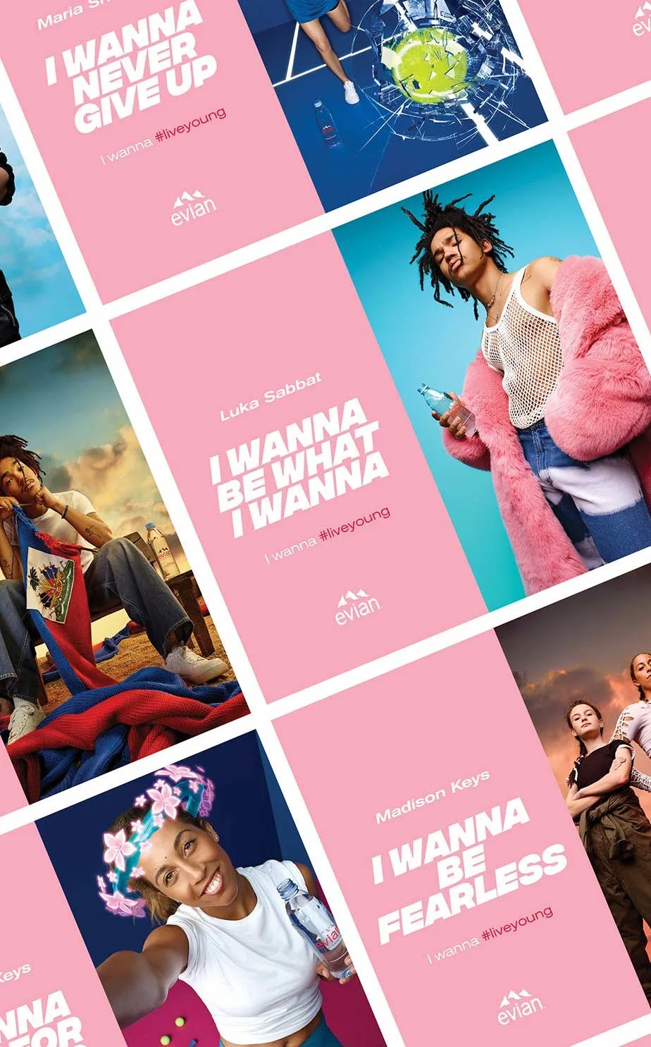 A collage of Evian ads features diverse young people with bold text over pastel backgrounds, including phrases like “I WANNA BE WHAT I WANNA” and “I WANNA BE FEARLESS,” promoting self-expression.