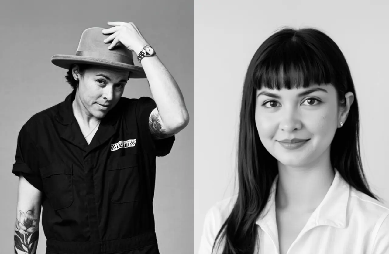 A black-and-white split image: on the left, a person in a hat and jumpsuit adjusts their hat, showing tattoos; on the right, a woman with long dark hair and bangs smiles softly at the camera.