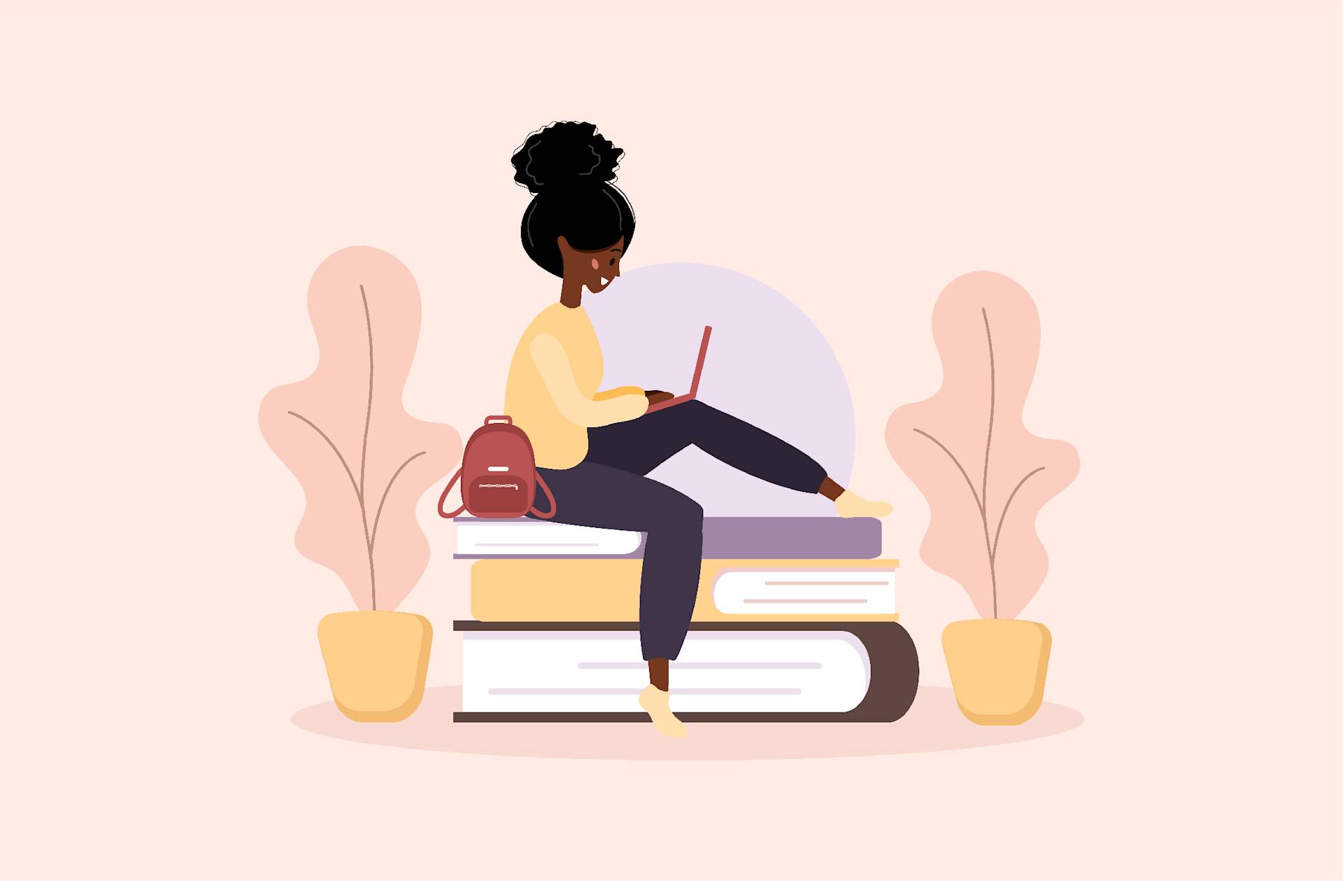 Illustration of a woman with a bun hairstyle sitting on a stack of large books, using a laptop. She has a red backpack, and there are two potted plants on either side of her against a light background.