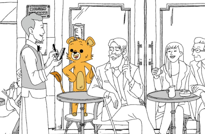 A cheerful cartoon lion sits on a café stool while a waiter takes its order. Black-and-white customers sit nearby, sipping drinks and smiling at the lively scene.