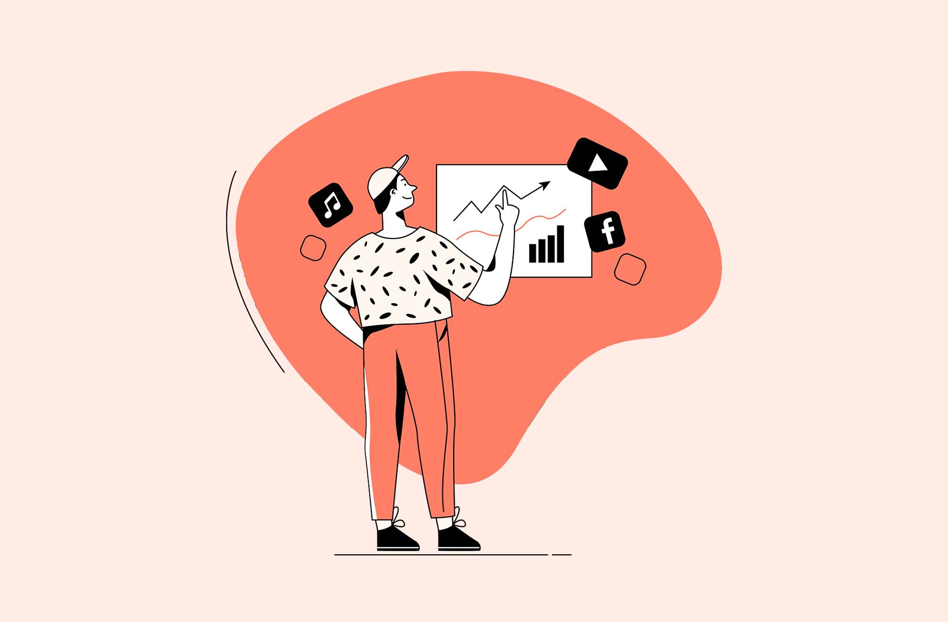 Illustration of a person pointing at a chart with rising graphs, surrounded by icons for music, video, and Facebook, symbolizing social media growth and engagement, on an abstract orange background.