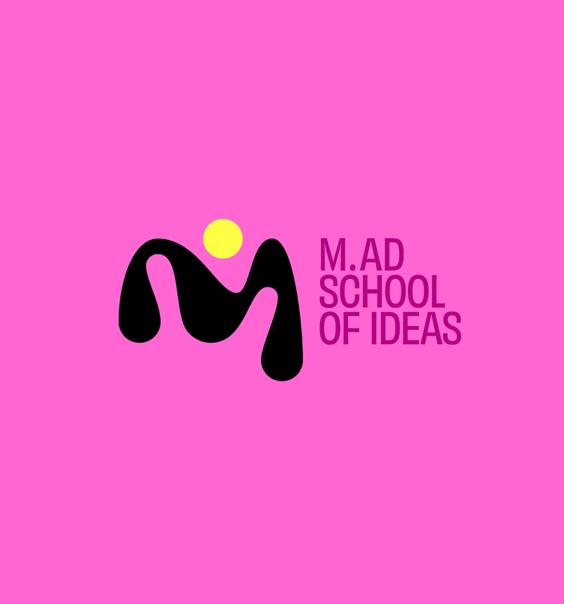 Logo on a pink background with a black abstract M shape and a yellow dot above it, next to the text M.AD SCHOOL OF IDEAS in purple capital letters.