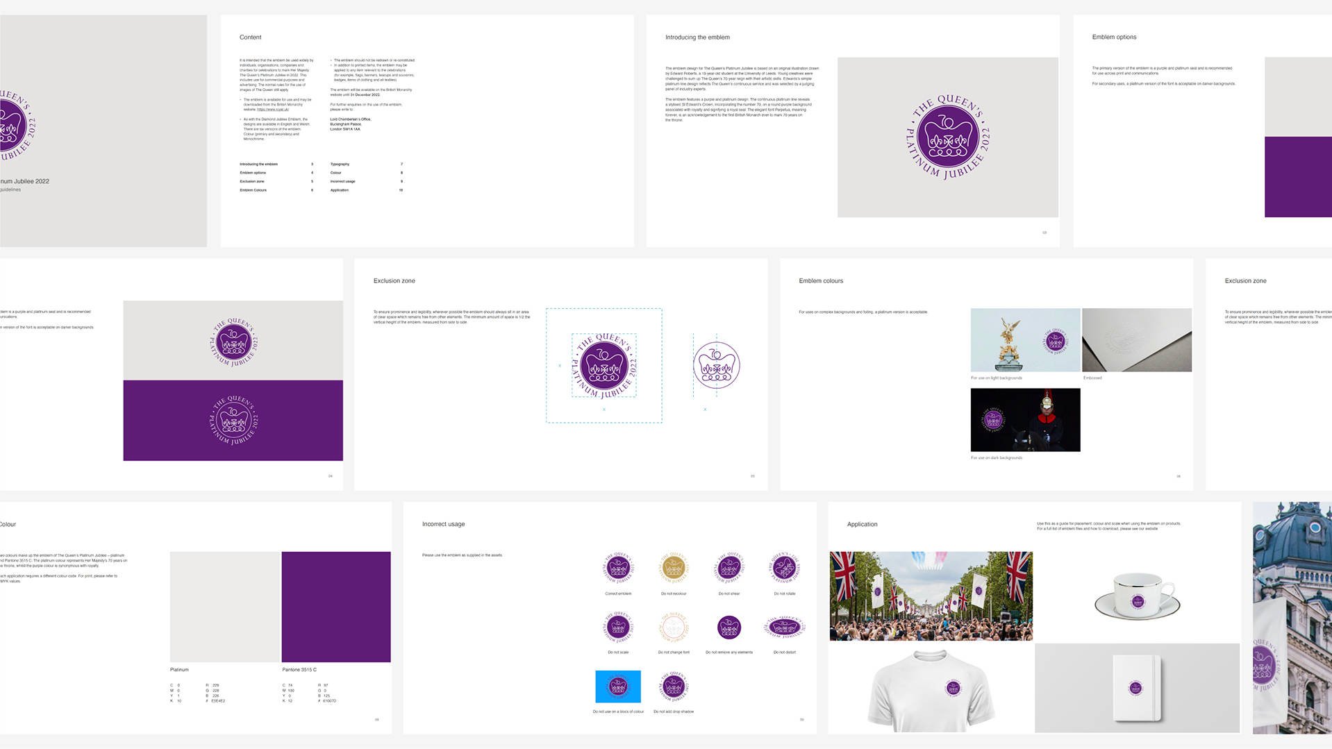 A digital brand guidelines document is displayed in a grid layout, featuring a purple circular logo, color palettes, typography, logo size and spacing rules, example merchandise, and real-world applications on clothing and signage.
