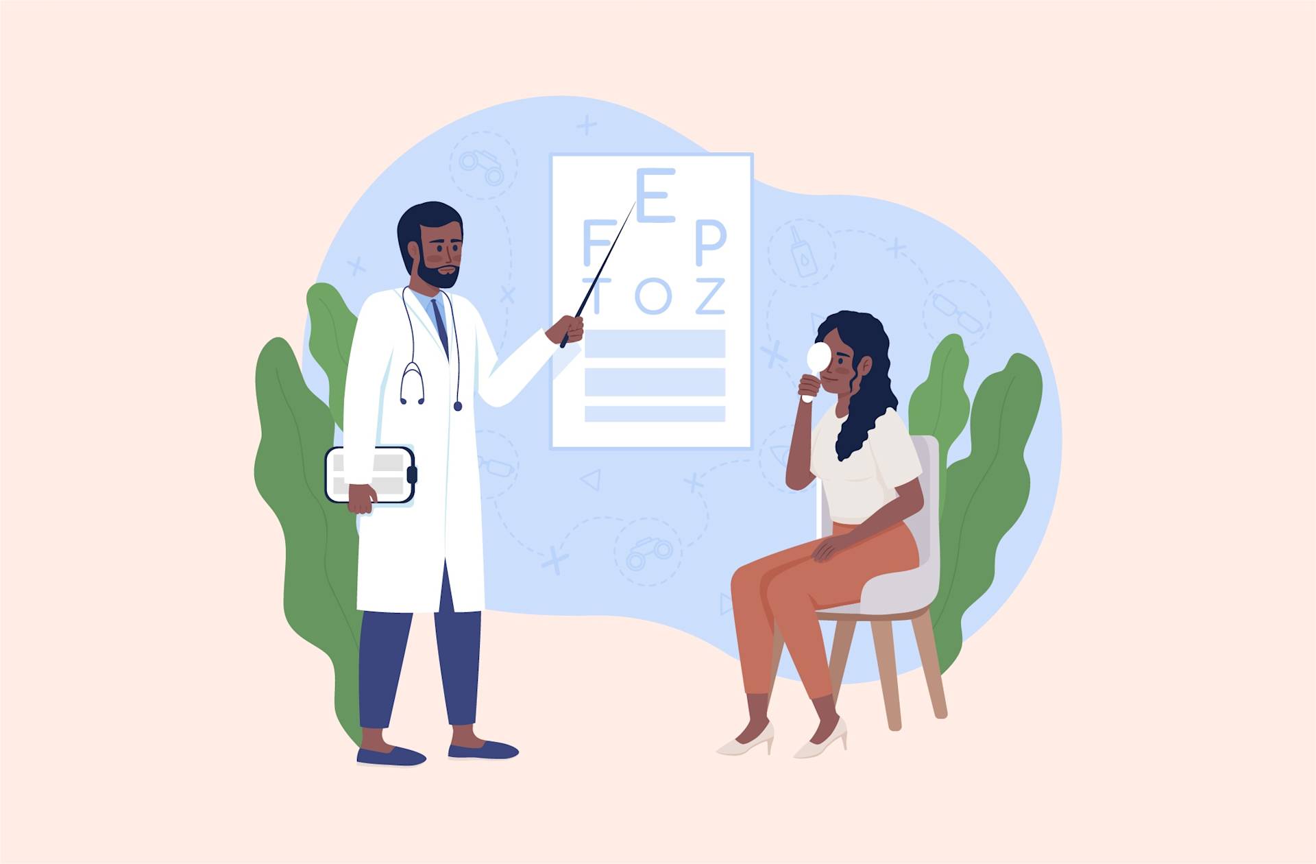 A doctor points to an eye chart while a seated woman covers one eye, likely taking a vision test. Both are in a room with leafy plants and a light-colored background.