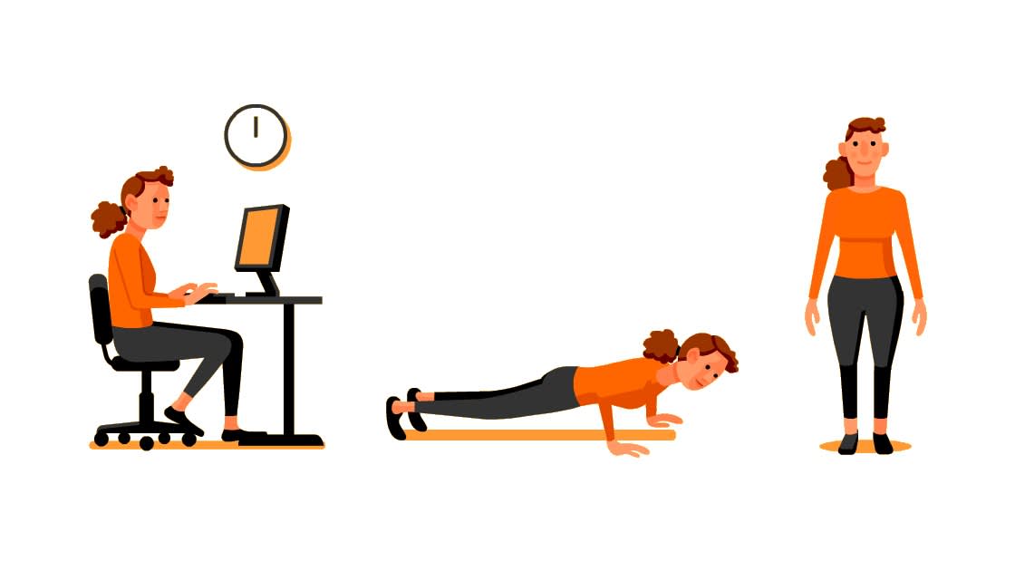 Illustration of a woman sitting at a desk working on a computer, doing push-ups on the floor, and standing upright, all wearing an orange top and black pants. A clock is displayed above the desk.