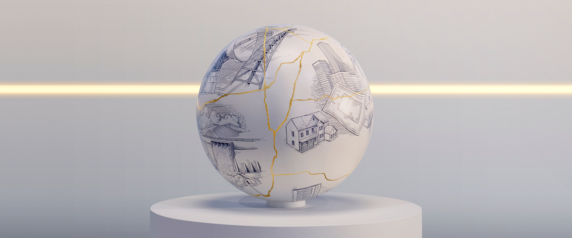 A large egg sculpture with visible golden cracks and blue architectural sketches sits on a white pedestal against a soft, gradient background with a horizontal glowing line.