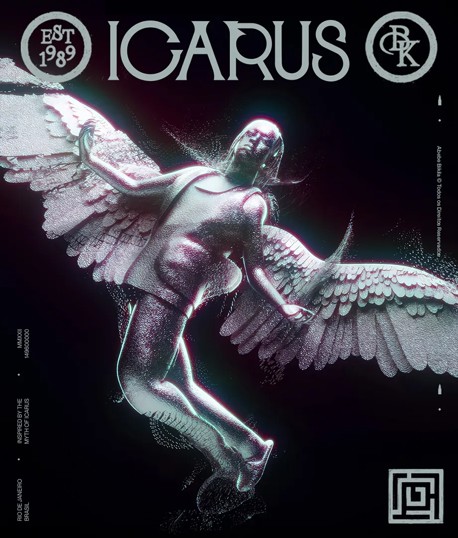 A digital artwork of a winged, human-like figure in flight, illuminated with glowing pink and purple hues. The word ICARUS appears at the top, along with various logos and stylized text elements.