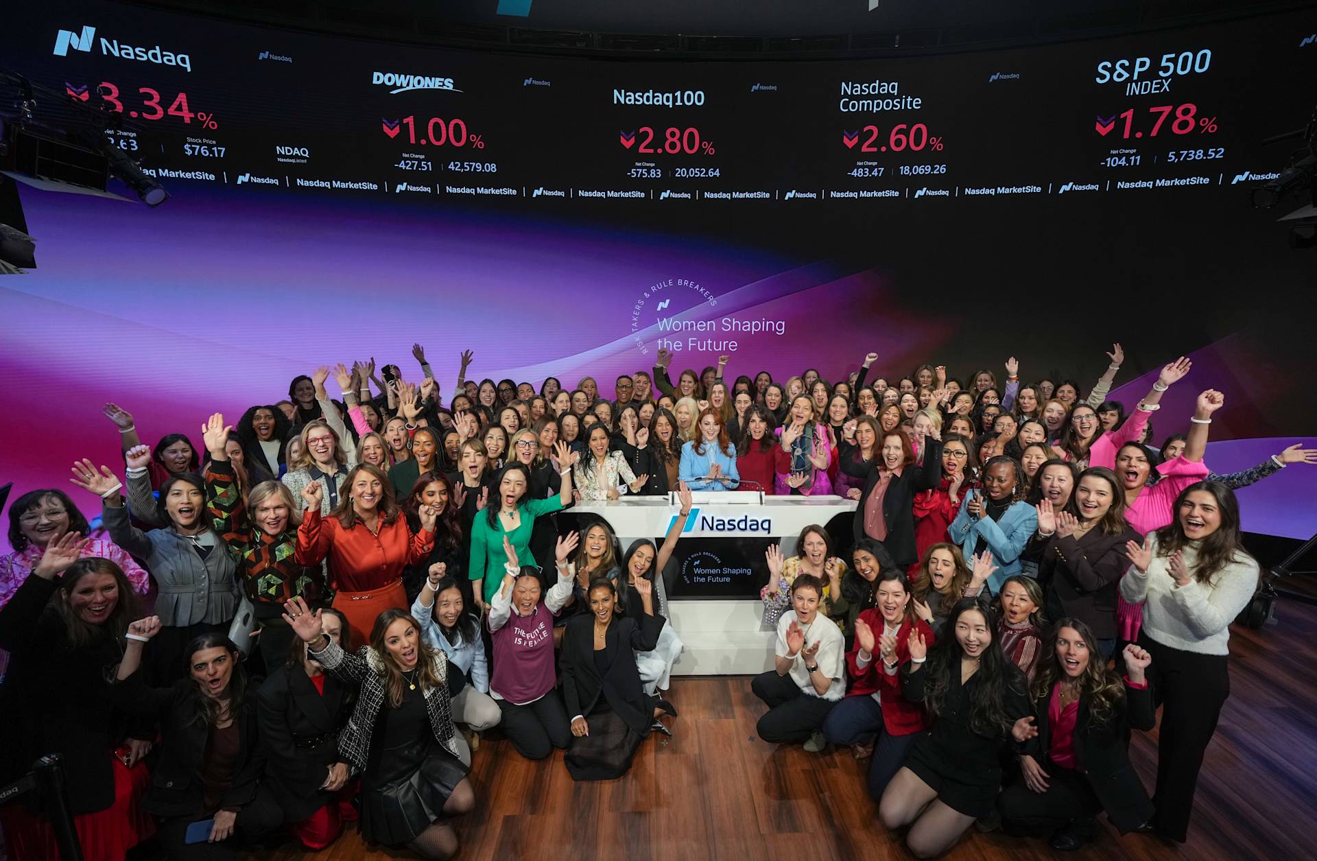 A large, diverse group of women pose enthusiastically on the Nasdaq stage, many raising their arms and smiling, in front of stock market display boards and a Women Shaping The Future sign.