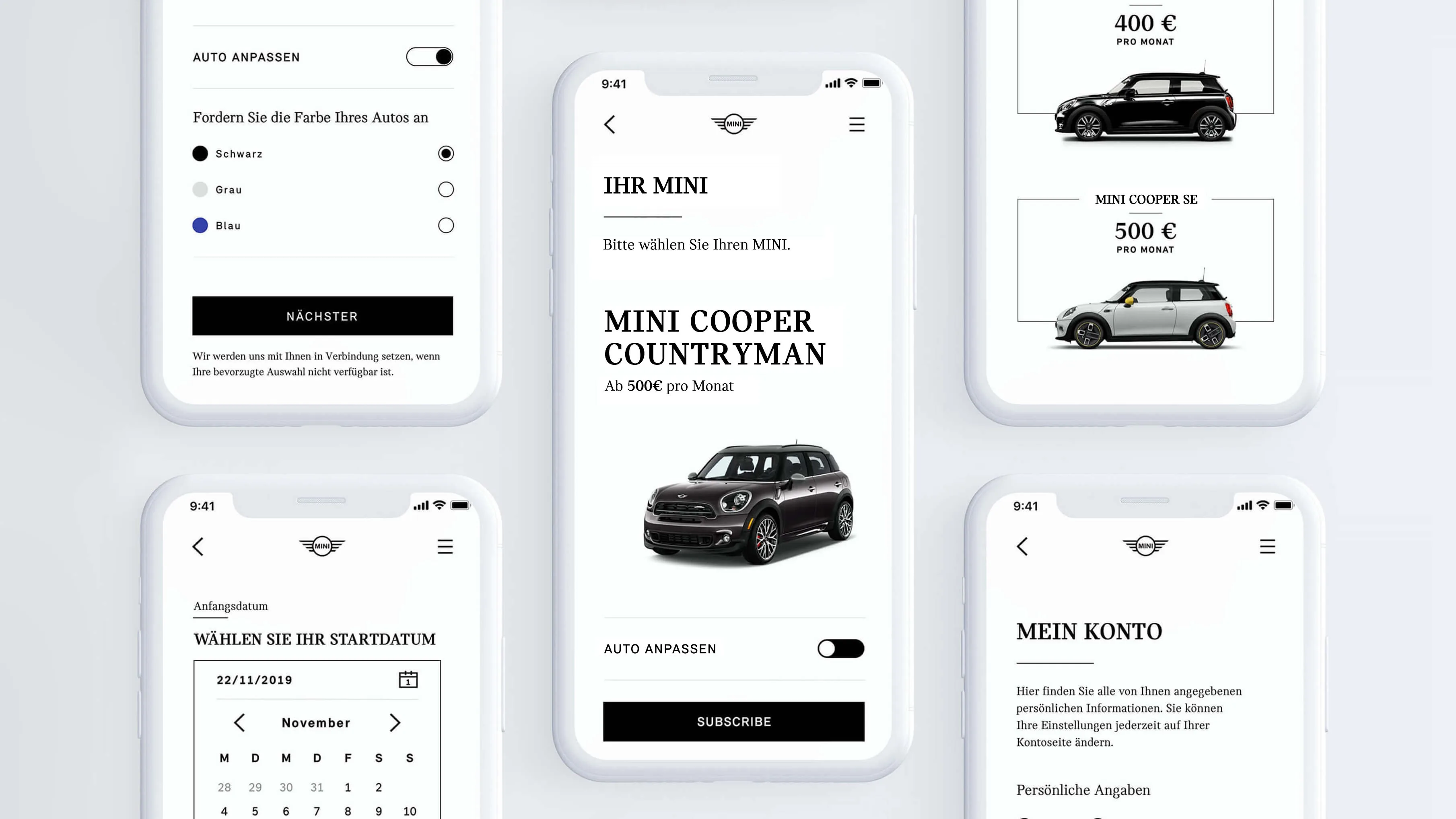 Five smartphone screens display a car subscription app in German, showing MINI models, subscription prices, vehicle customization options, a calendar for start date selection, and a personal account overview.