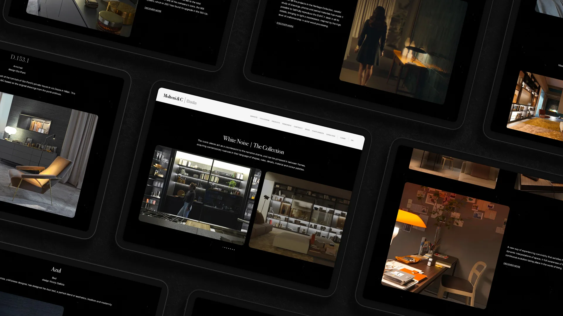 Multiple tablets display various interior design scenes and websites, featuring modern rooms with shelves, lamps, desks, and people in home or office environments, all set against a dark background.