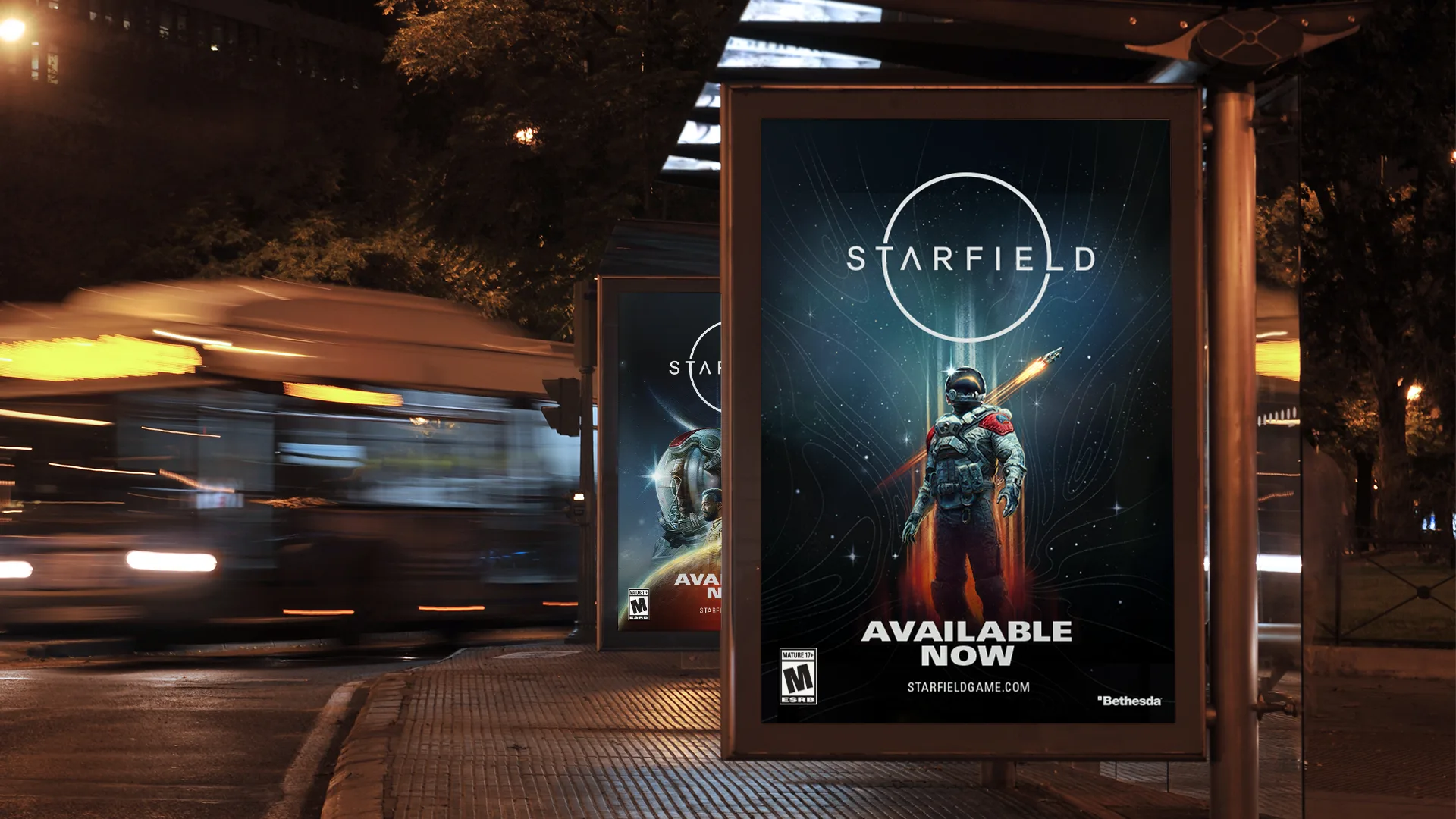 A bus stop at night displays a Starfield video game advertisement featuring an astronaut standing on a planet with a starry background. Text reads Available Now. A blurred bus passes by on the left.