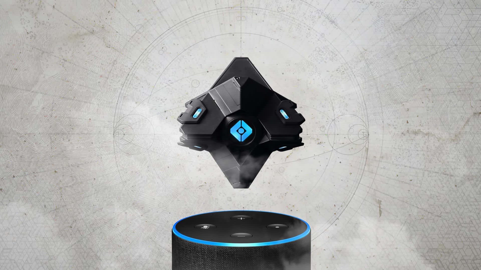 A black, futuristic, floating device with blue lights hovers above a black cylindrical speaker with a glowing blue ring, against a light background with faint geometric patterns.