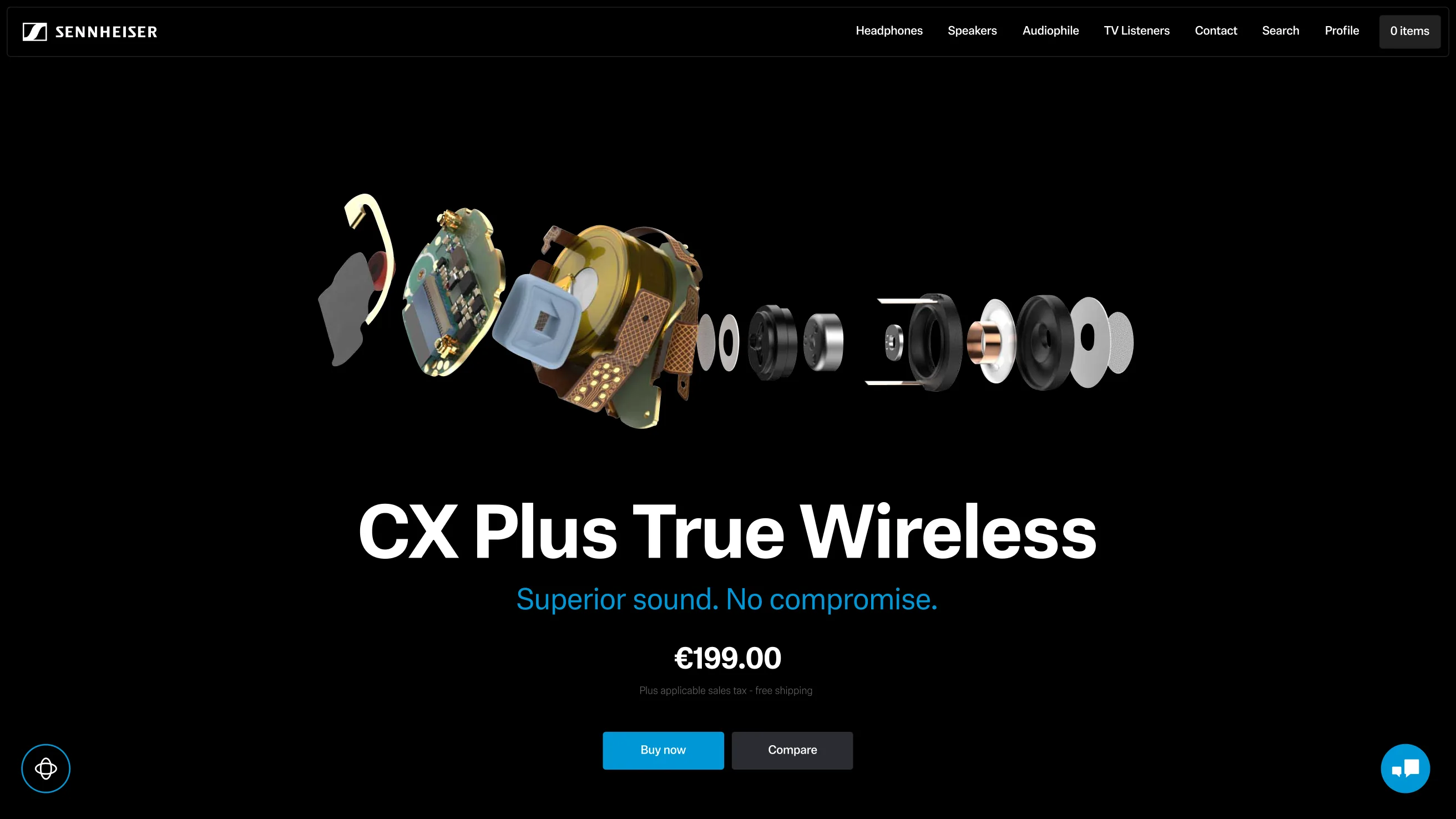 An exploded view of Sennheiser CX Plus True Wireless earbuds, showing internal components, with product name, slogan Superior sound. No compromise. and a price of €199.00 on a black background.
