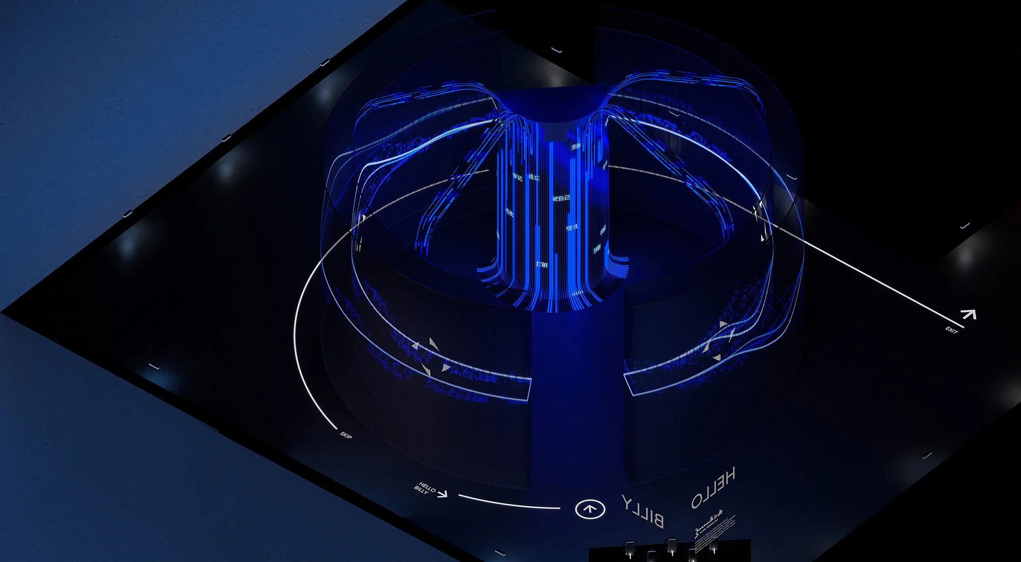 An abstract, futuristic digital art piece features glowing blue lines forming a circular, dome-like structure on a dark background, with white curved lines and labels such as HELIO, BILLY, and directional arrows.