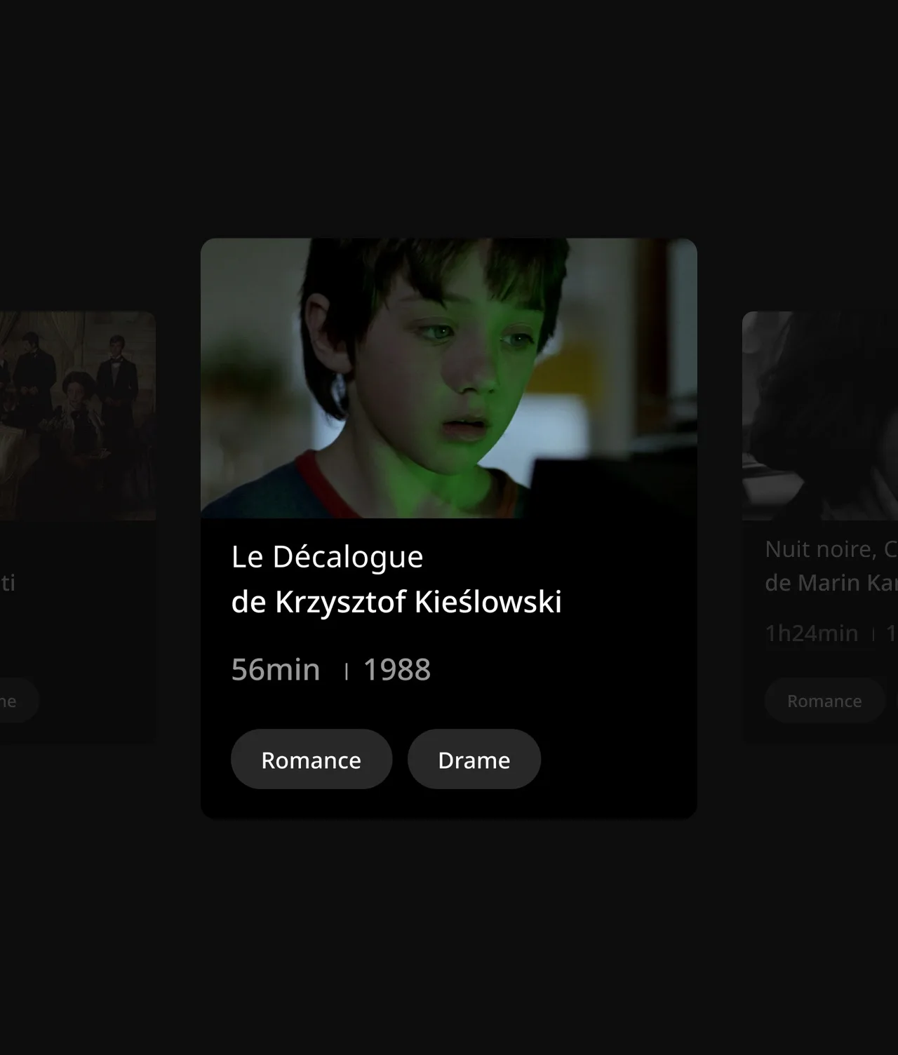 A young boy with brown hair and a greenish glow on his face looks at a screen. Text below reads Le Décalogue de Krzysztof Kieślowski, 56min, 1988 with tags Romance and Drame on a dark background.