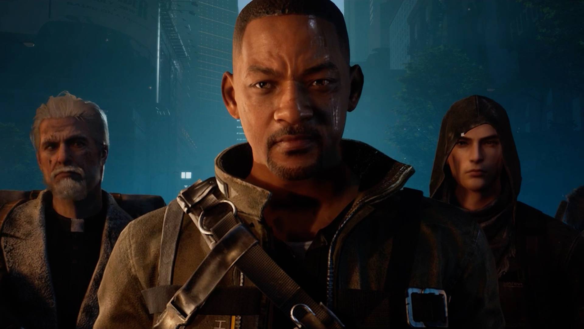 Will Smith looking serious with a goatee standing in front, wearing a tactical jacket with a strap. Two people are behind him, one older with white hair and beard, and another in a hood. The background is an urban night scene.