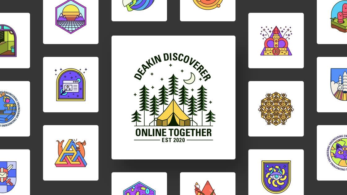 A central badge with pine trees, a tent, moon, and stars reads Deakin Discoverer Online Together Est 2020, surrounded by twelve colorful, geometric icons on a dark background.