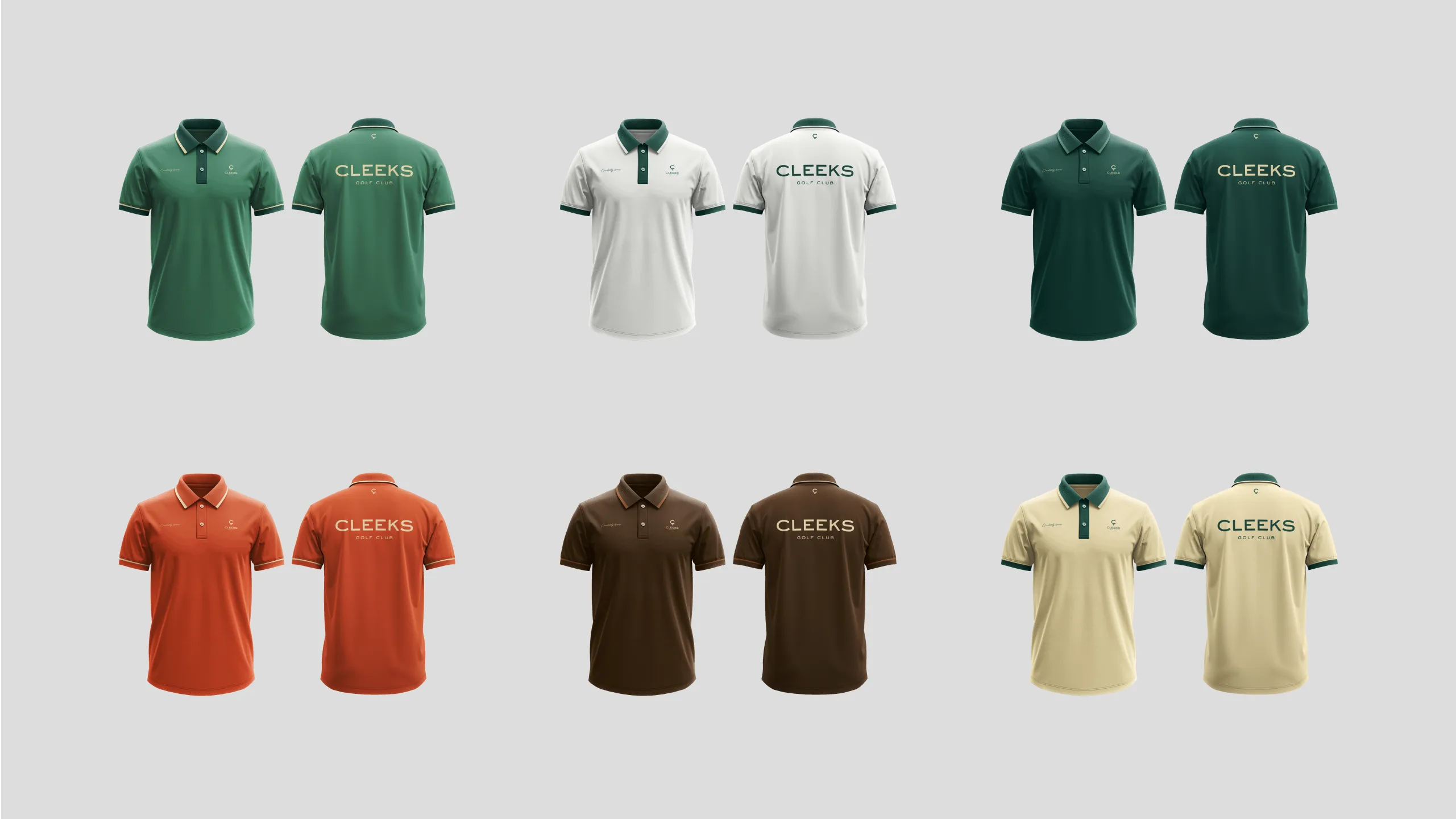 Eight polo shirts in green, white, dark green, orange, brown, and cream, each displayed from the front and back. All feature CLEEKS printed on the back and a small logo on the front chest.