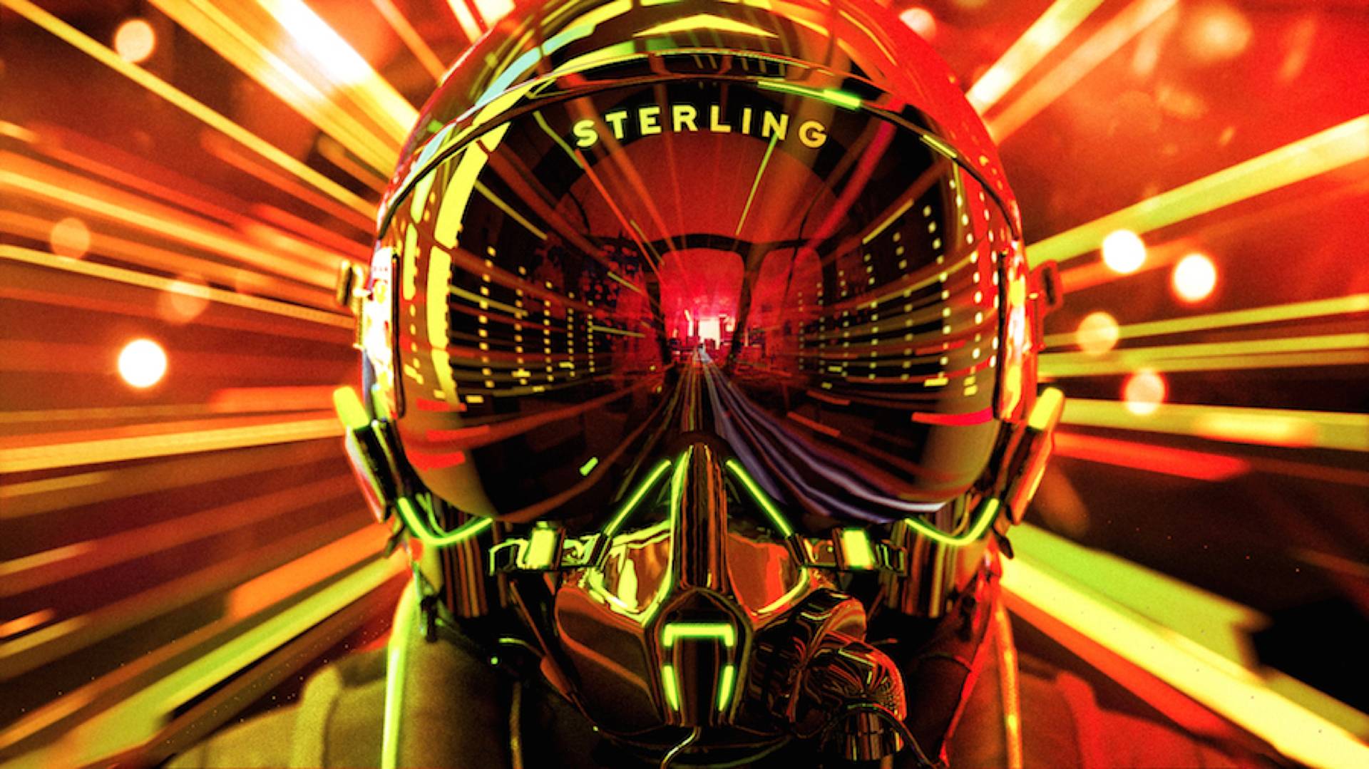 A futuristic helmet with STERLING written on it reflects bright neon lights and streaks of orange, red, and yellow, creating a dynamic, high-speed, sci-fi atmosphere.
