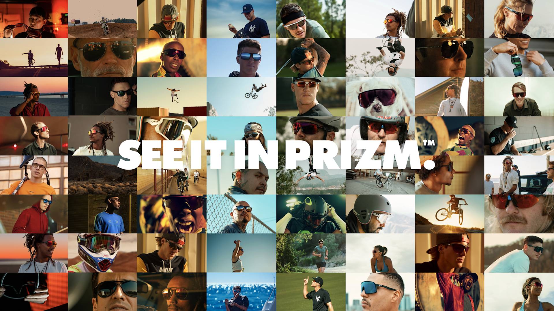 A collage of diverse people in outdoor settings, all wearing sunglasses or goggles, with the words SEE IT IN PRIZM. in bold white letters across the center.
