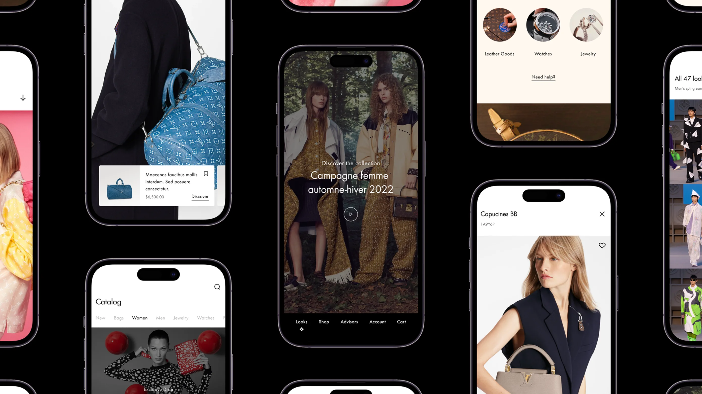 A collage of smartphones displaying a luxury fashion brands mobile website, featuring product catalogs, seasonal collection campaigns, and accessory images.