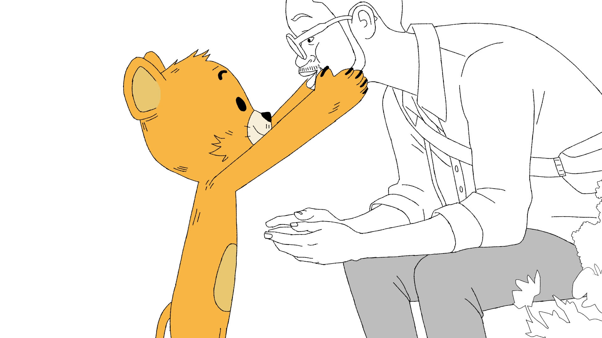 An animated bear cub stands on two legs, gently touching the face of a seated person with glasses. The bear looks up affectionately while the person smiles, both sharing a tender moment.
