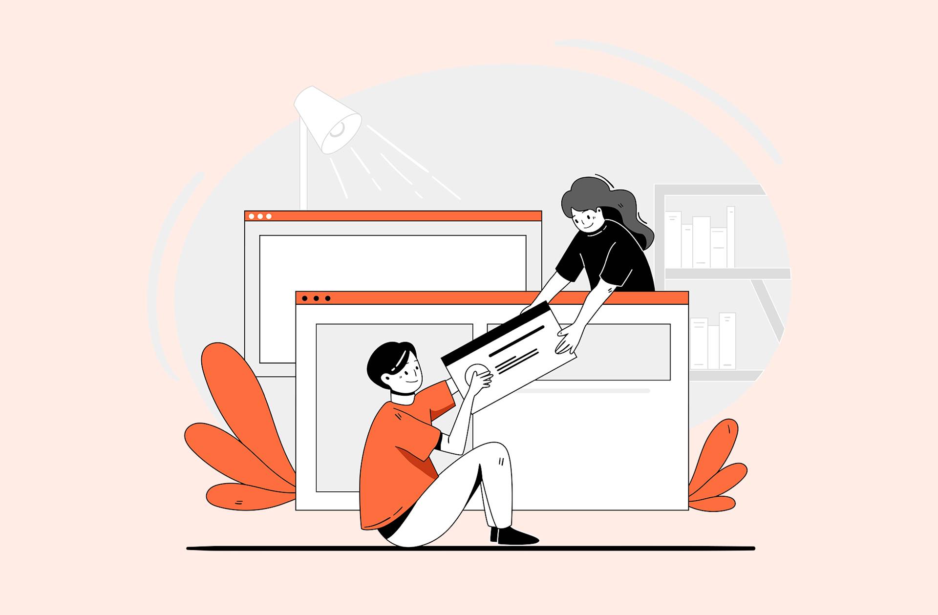Illustration of a woman handing a large document to a seated man. They are surrounded by abstract browser windows and shelves, with red and orange decorative leaves in the background.