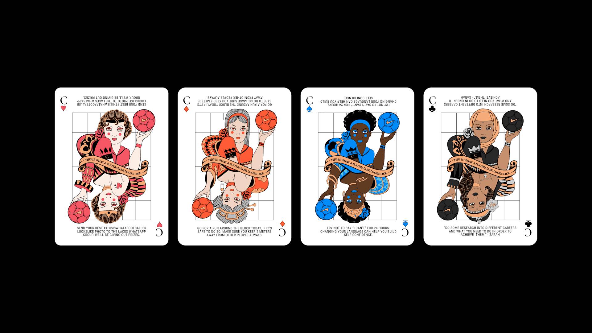 Four illustrated playing cards, each showing a Queen holding a soccer ball. Each Queen has a distinct appearance and background color, representing diversity in women’s soccer. Short text appears above and below each portrait.