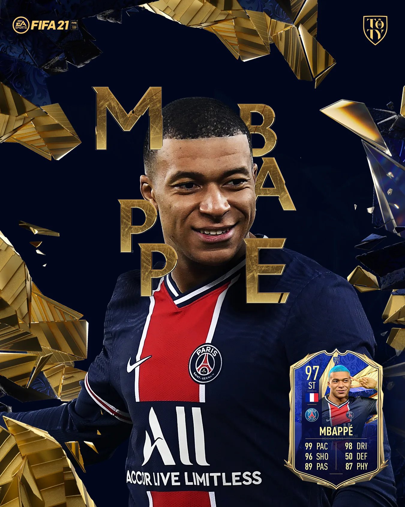 A soccer player in a Paris Saint-Germain jersey smiles with golden 3D letters spelling MBAPPE around him. FIFA 21 and TOTY logos are at the top, and a special player card with high stats appears in the lower right corner.