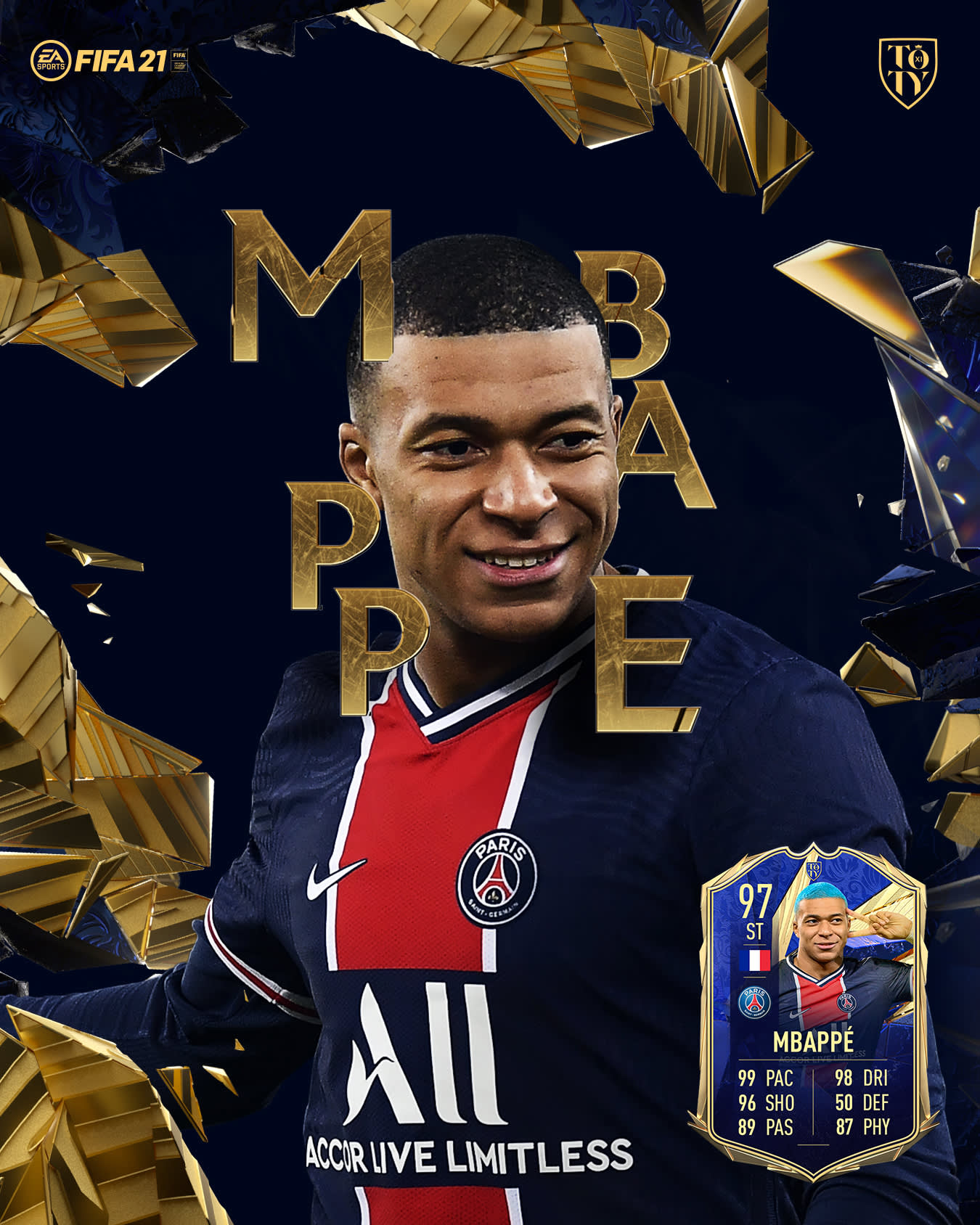 A soccer player in a Paris Saint-Germain jersey smiles with golden 3D letters spelling MBAPPE around him. FIFA 21 and TOTY logos are at the top, and a special player card with high stats appears in the lower right corner.