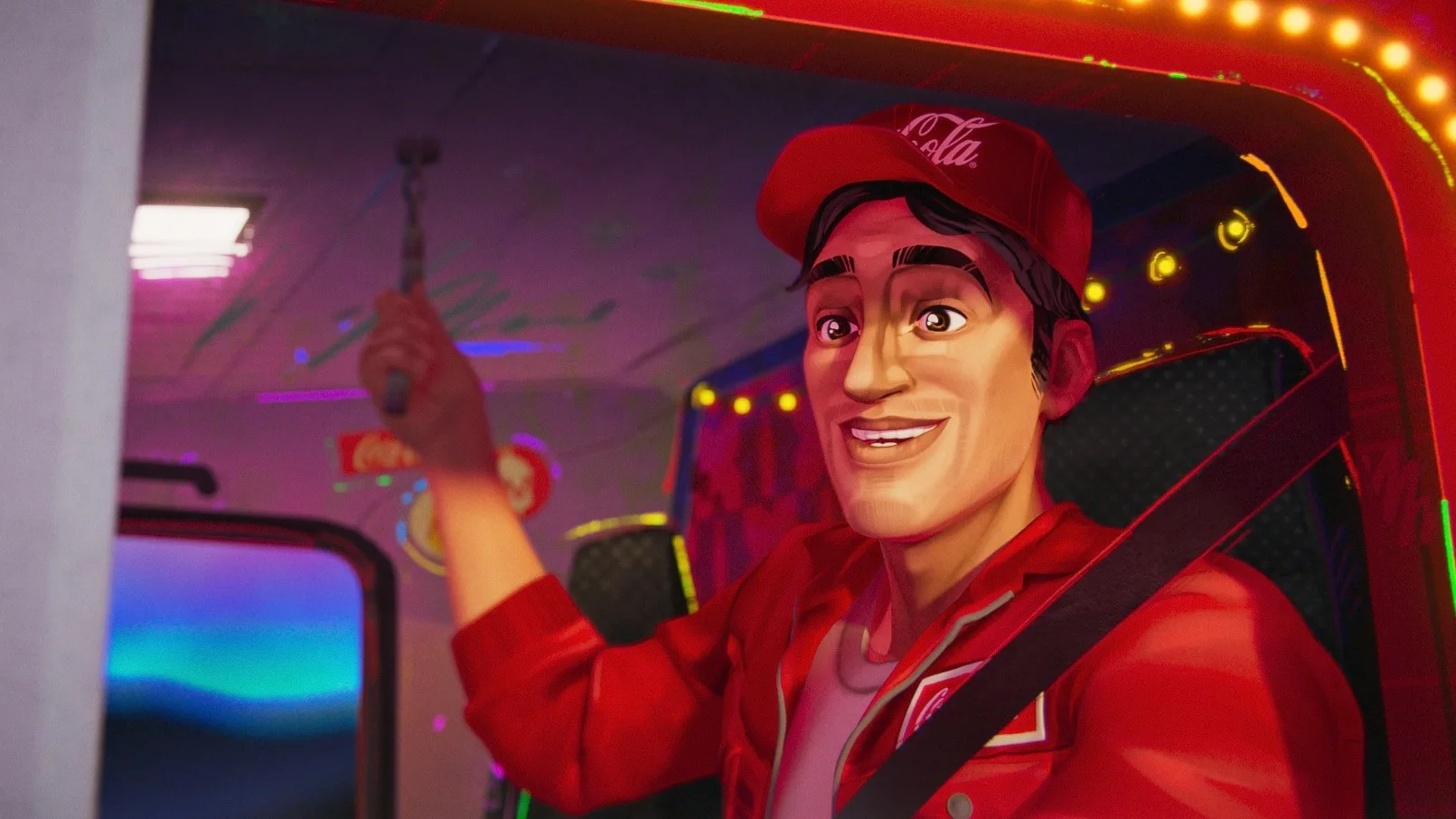 Animated man in a red Coca-Cola cap and jacket smiles while driving a brightly-lit vehicle, holding a lever or switch with one hand, colorful lights visible inside the cab.